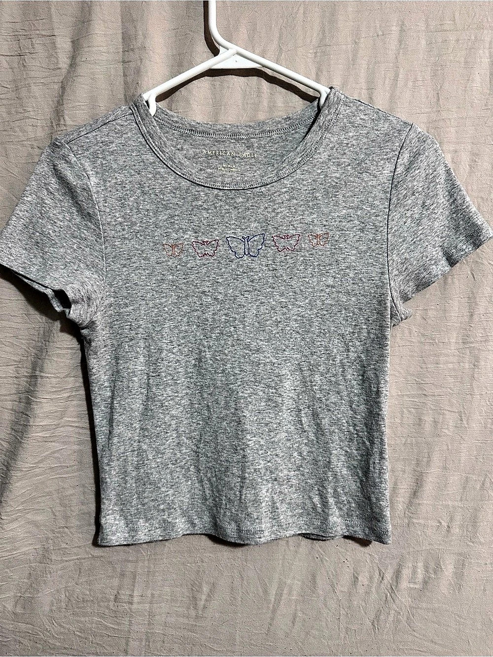 American Eagle AE Gray Cropped Hey Baby Tee with Embroidered Butterflies